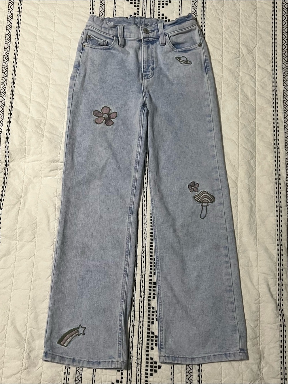 Light Wash High Rise Wide Leg Kids Jeans with Embroidered Patches